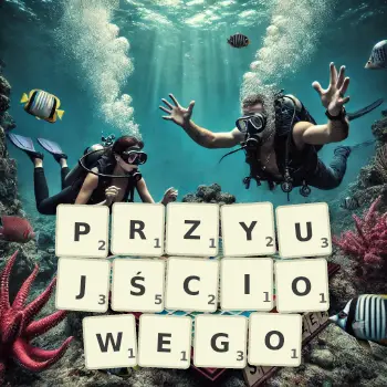 Kreatywna ilustracja do gry w Scrabble ze słowem PRZYUJŚCIOWEGO ułożonym z płytek na planszy.
