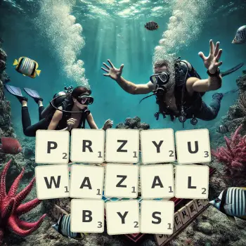 Kreatywna ilustracja do gry w Scrabble ze słowem PRZYUWAZALBYS ułożonym z płytek na planszy.