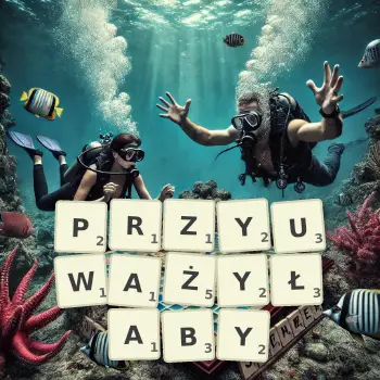 Kreatywna ilustracja do gry w Scrabble ze słowem PRZYUWAŻYŁABY ułożonym z płytek na planszy.