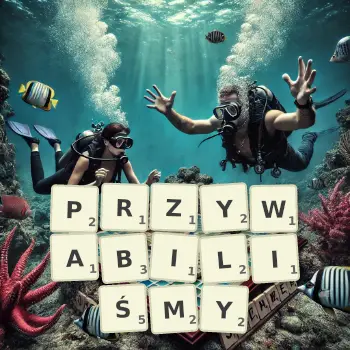 Kreatywna ilustracja do gry w Scrabble ze słowem PRZYWABILIŚMY ułożonym z płytek na planszy.