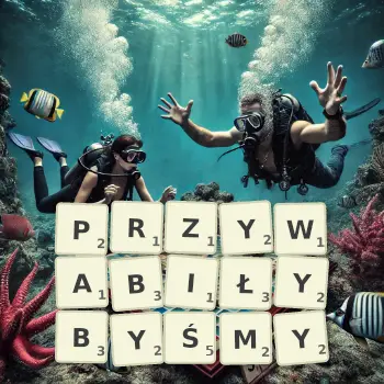 Kreatywna ilustracja do gry w Scrabble ze słowem PRZYWABIŁYBYŚMY ułożonym z płytek na planszy.