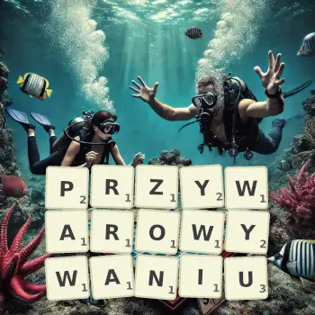 Kreatywna ilustracja do gry w Scrabble ze słowem PRZYWAROWYWANIU ułożonym z płytek na planszy.
