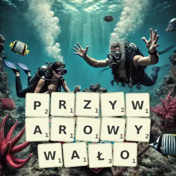 Kreatywna ilustracja do gry w Scrabble ze słowem PRZYWAROWYWAŁO ułożonym z płytek na planszy.