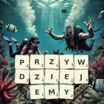 Kreatywna ilustracja do gry w Scrabble ze słowem PRZYWDZIEJEMY ułożonym z płytek na planszy.