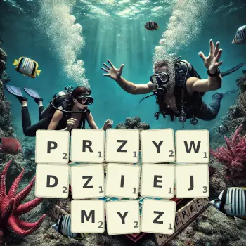 Kreatywna ilustracja do gry w Scrabble ze słowem PRZYWDZIEJMYZ ułożonym z płytek na planszy.