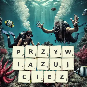 Kreatywna ilustracja do gry w Scrabble ze słowem PRZYWIAZUJCIEZ ułożonym z płytek na planszy.
