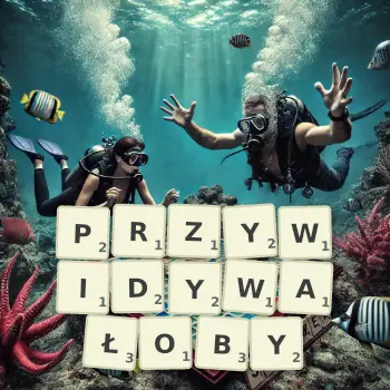 Kreatywna ilustracja do gry w Scrabble ze słowem PRZYWIDYWAŁOBY ułożonym z płytek na planszy.