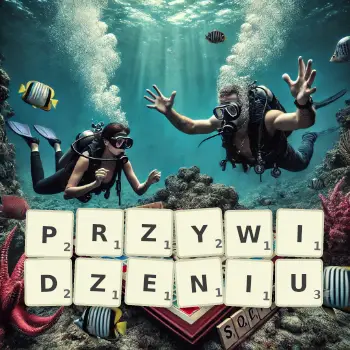 Kreatywna ilustracja do gry w Scrabble ze słowem PRZYWIDZENIU ułożonym z płytek na planszy.