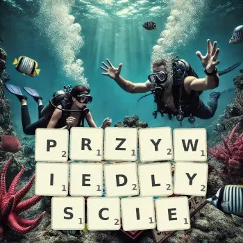 Kreatywna ilustracja do gry w Scrabble ze słowem PRZYWIEDLYSCIE ułożonym z płytek na planszy.