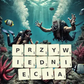 Kreatywna ilustracja do gry w Scrabble ze słowem PRZYWIEDNIECIA ułożonym z płytek na planszy.