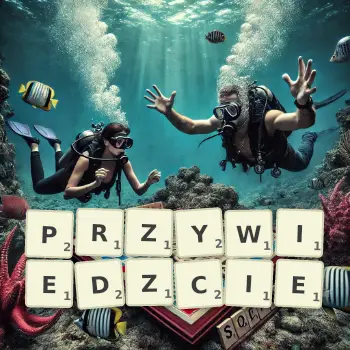 Kreatywna ilustracja do gry w Scrabble ze słowem PRZYWIEDZCIE ułożonym z płytek na planszy.