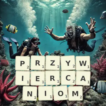 Kreatywna ilustracja do gry w Scrabble ze słowem PRZYWIERCANIOM ułożonym z płytek na planszy.