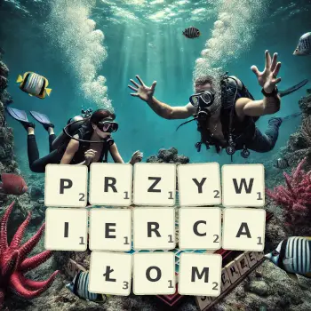 Kreatywna ilustracja do gry w Scrabble ze słowem PRZYWIERCAŁOM ułożonym z płytek na planszy.
