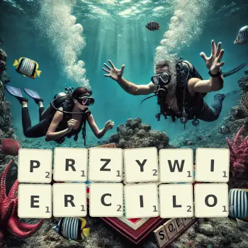 Kreatywna ilustracja do gry w Scrabble ze słowem PRZYWIERCILO ułożonym z płytek na planszy.