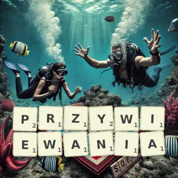 Kreatywna ilustracja do gry w Scrabble ze słowem PRZYWIEWANIA ułożonym z płytek na planszy.
