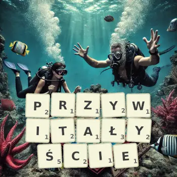 Kreatywna ilustracja do gry w Scrabble ze słowem PRZYWITAŁYŚCIE ułożonym z płytek na planszy.