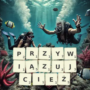 Kreatywna ilustracja do gry w Scrabble ze słowem PRZYWIĄZUJCIEŻ ułożonym z płytek na planszy.