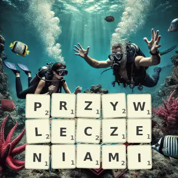 Kreatywna ilustracja do gry w Scrabble ze słowem PRZYWLECZENIAMI ułożonym z płytek na planszy.