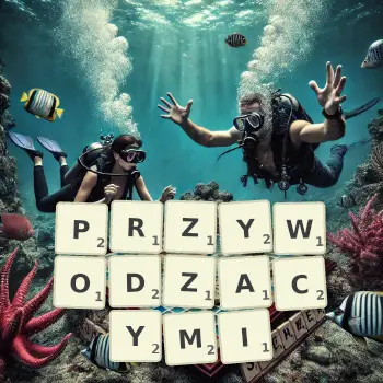 Kreatywna ilustracja do gry w Scrabble ze słowem PRZYWODZACYMI ułożonym z płytek na planszy.