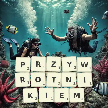 Kreatywna ilustracja do gry w Scrabble ze słowem PRZYWROTNIKIEM ułożonym z płytek na planszy.