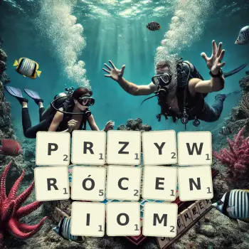 Kreatywna ilustracja do gry w Scrabble ze słowem PRZYWRÓCENIOM ułożonym z płytek na planszy.