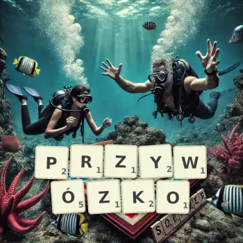 Kreatywna ilustracja do gry w Scrabble ze słowem PRZYWÓZKO ułożonym z płytek na planszy.
