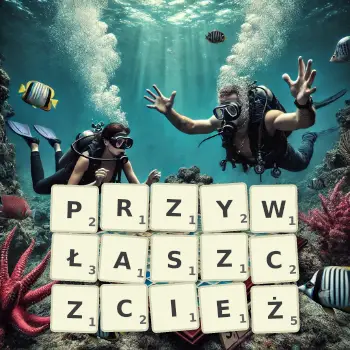 Kreatywna ilustracja do gry w Scrabble ze słowem PRZYWŁASZCZCIEŻ ułożonym z płytek na planszy.