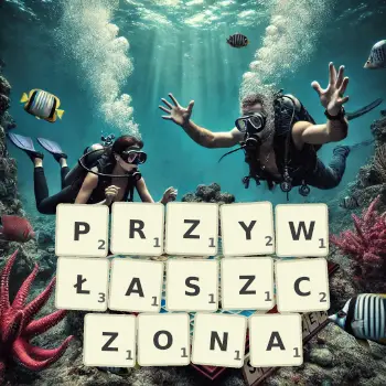Kreatywna ilustracja do gry w Scrabble ze słowem PRZYWŁASZCZONA ułożonym z płytek na planszy.