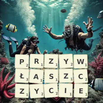 Kreatywna ilustracja do gry w Scrabble ze słowem PRZYWŁASZCZYCIE ułożonym z płytek na planszy.