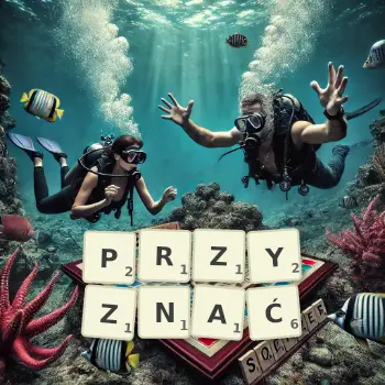 Kreatywna ilustracja do gry w Scrabble ze słowem PRZYZNAĆ ułożonym z płytek na planszy.