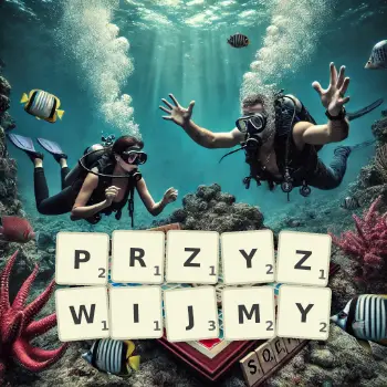 Kreatywna ilustracja do gry w Scrabble ze słowem PRZYZWIJMY ułożonym z płytek na planszy.
