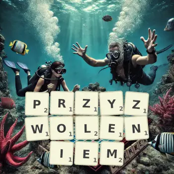 Kreatywna ilustracja do gry w Scrabble ze słowem PRZYZWOLENIEM ułożonym z płytek na planszy.