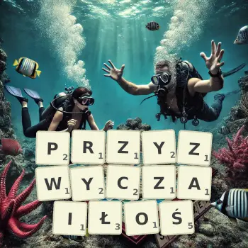 Kreatywna ilustracja do gry w Scrabble ze słowem PRZYZWYCZAIŁOŚ ułożonym z płytek na planszy.