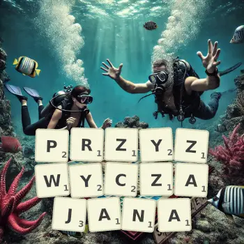 Kreatywna ilustracja do gry w Scrabble ze słowem PRZYZWYCZAJANA ułożonym z płytek na planszy.