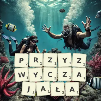 Kreatywna ilustracja do gry w Scrabble ze słowem PRZYZWYCZAJAŁA ułożonym z płytek na planszy.