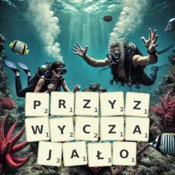 Kreatywna ilustracja do gry w Scrabble ze słowem PRZYZWYCZAJAŁO ułożonym z płytek na planszy.