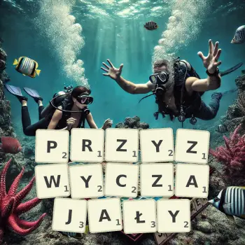 Kreatywna ilustracja do gry w Scrabble ze słowem PRZYZWYCZAJAŁY ułożonym z płytek na planszy.