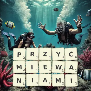 Kreatywna ilustracja do gry w Scrabble ze słowem PRZYĆMIEWANIAMI ułożonym z płytek na planszy.