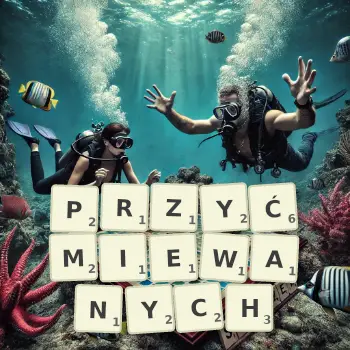 Kreatywna ilustracja do gry w Scrabble ze słowem PRZYĆMIEWANYCH ułożonym z płytek na planszy.