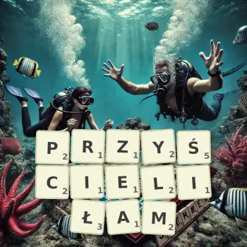 Kreatywna ilustracja do gry w Scrabble ze słowem PRZYŚCIELIŁAM ułożonym z płytek na planszy.