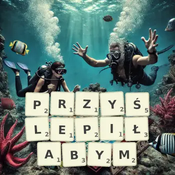 Kreatywna ilustracja do gry w Scrabble ze słowem PRZYŚLEPIŁABYM ułożonym z płytek na planszy.