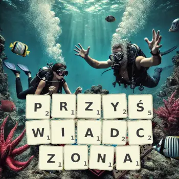 Kreatywna ilustracja do gry w Scrabble ze słowem PRZYŚWIADCZONA ułożonym z płytek na planszy.
