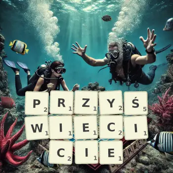 Kreatywna ilustracja do gry w Scrabble ze słowem PRZYŚWIECICIE ułożonym z płytek na planszy.
