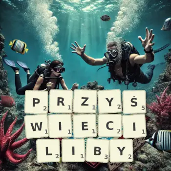 Kreatywna ilustracja do gry w Scrabble ze słowem PRZYŚWIECILIBY ułożonym z płytek na planszy.