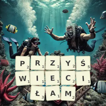 Kreatywna ilustracja do gry w Scrabble ze słowem PRZYŚWIECIŁAM ułożonym z płytek na planszy.