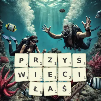 Kreatywna ilustracja do gry w Scrabble ze słowem PRZYŚWIECIŁAŚ ułożonym z płytek na planszy.