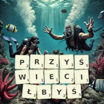 Kreatywna ilustracja do gry w Scrabble ze słowem PRZYŚWIECIŁBYŚ ułożonym z płytek na planszy.