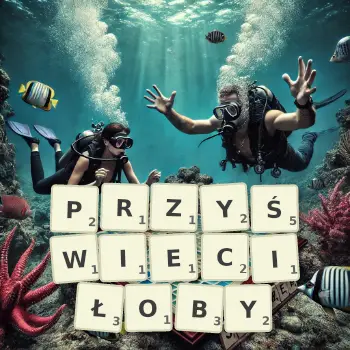 Kreatywna ilustracja do gry w Scrabble ze słowem PRZYŚWIECIŁOBY ułożonym z płytek na planszy.