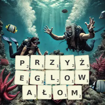 Kreatywna ilustracja do gry w Scrabble ze słowem PRZYŻEGLOWAŁOM ułożonym z płytek na planszy.