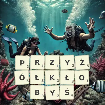 Kreatywna ilustracja do gry w Scrabble ze słowem PRZYŻÓŁKŁOBYŚ ułożonym z płytek na planszy.